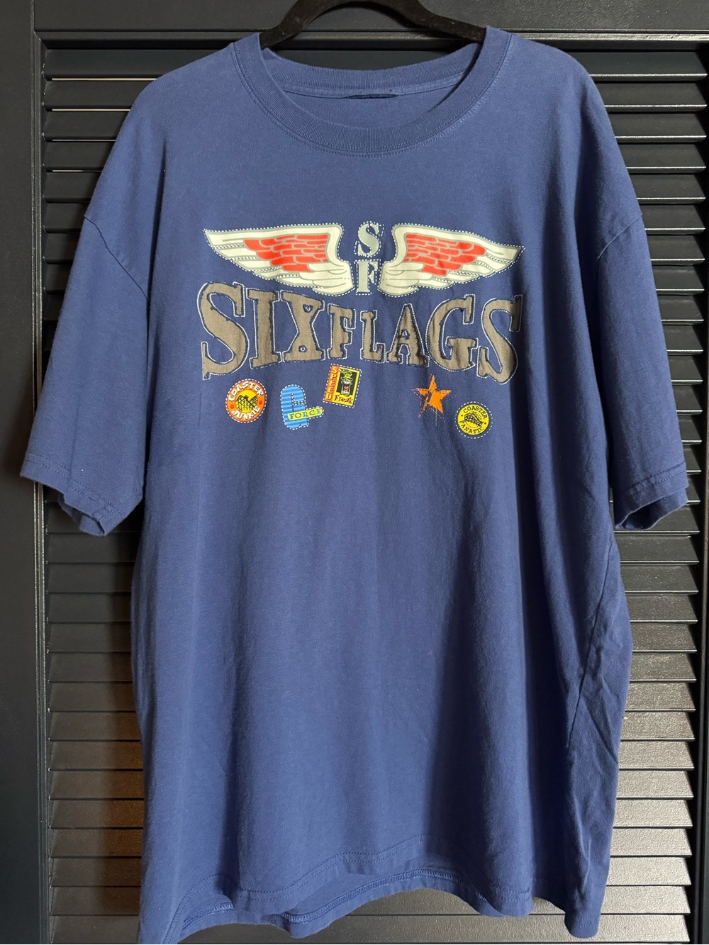 Six Flags Navy Coaster Junkie Vintage Graphic T-Shirt Size Unknown